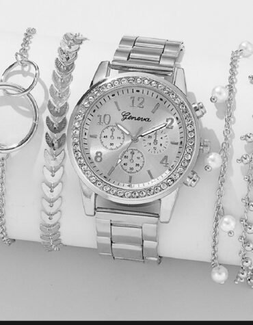 5PCS Quartz Watch Set Women Fashion Silver Round 3 Eyes Alloy Strap Wristwatch Gift Rhinestone Watch For Women Jewelry Set.